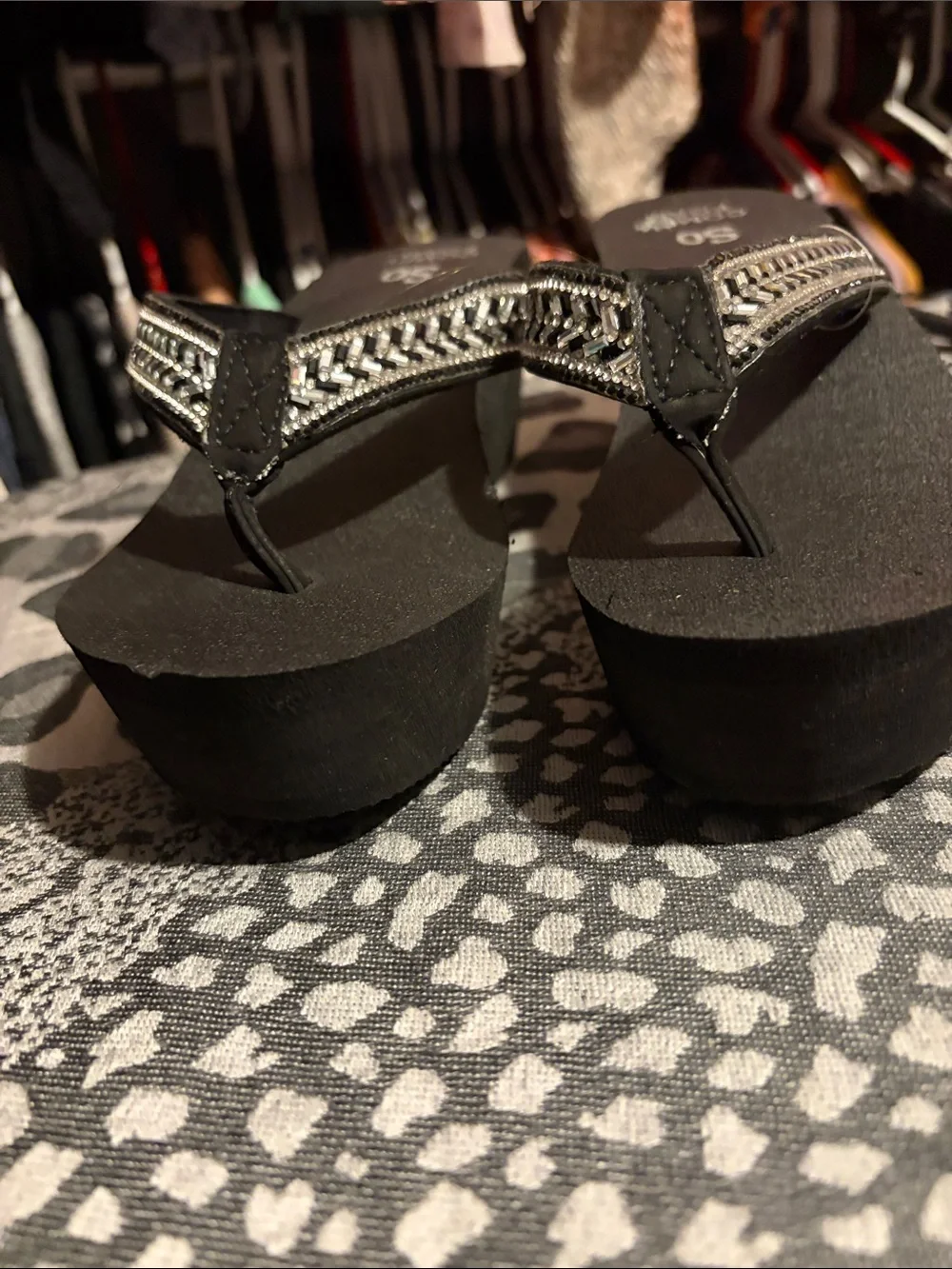 SO Black Platform Wedge Flip-Flops with Silver Beaded Straps